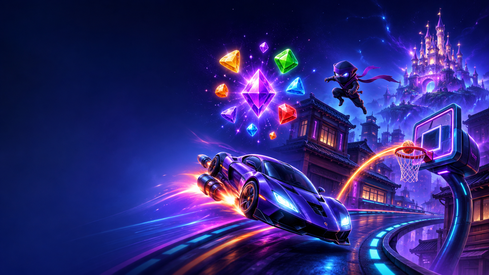 A neon arcade world with racing, puzzle, action, sports, and fantasy games